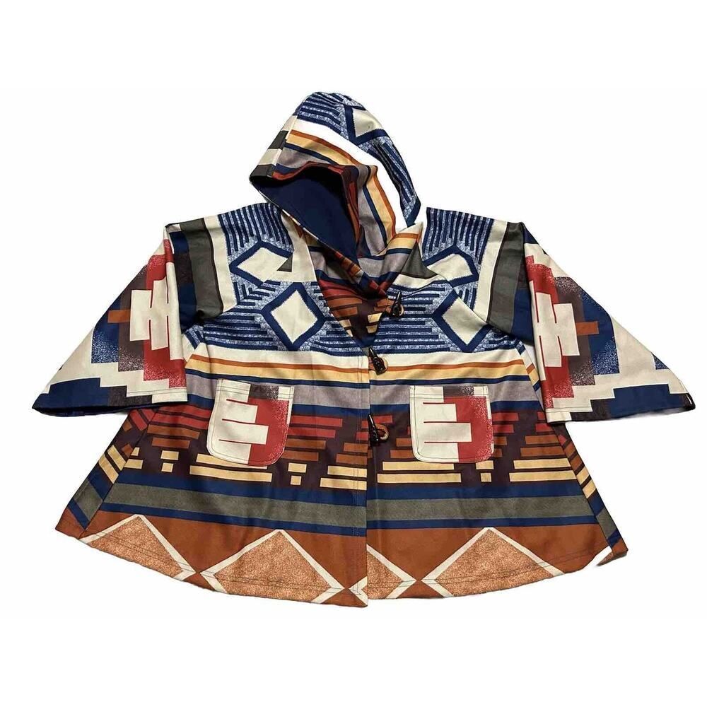 AZTEC PRINT ￼ Womens Hooded Poncho Coat Lined Horn Buttons Closure 3XL Warm